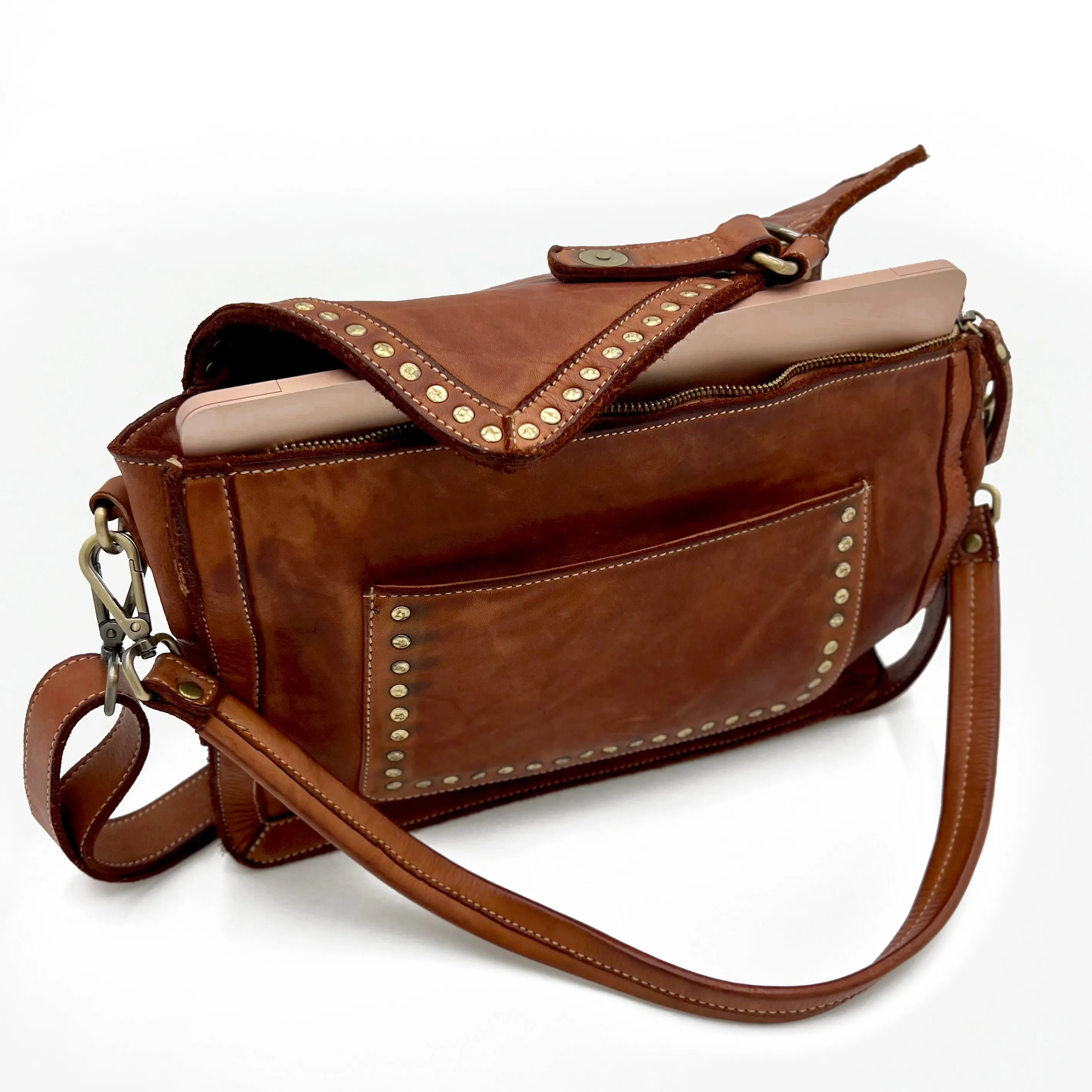 Emily Studded Shoulder Bag in Cognac