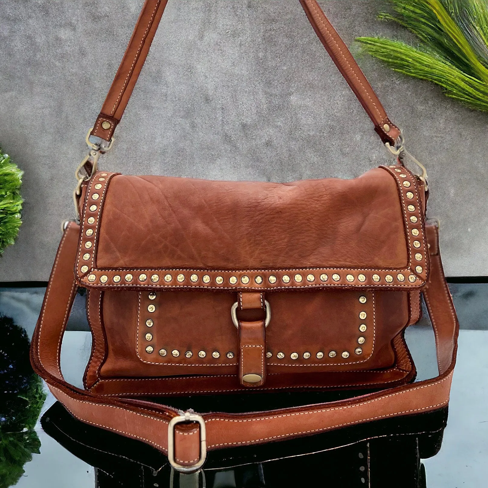 Emily Studded Shoulder Bag in Cognac