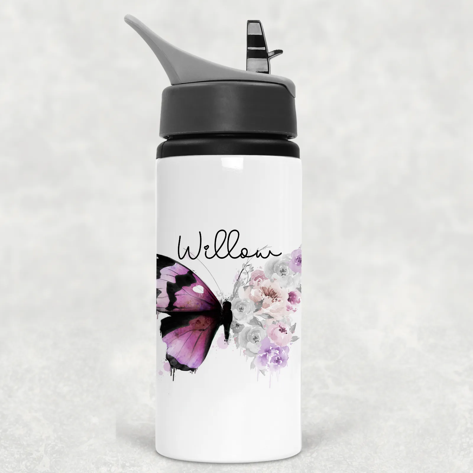 Floral Butterfly Personalised Aluminium Straw Water Bottle 650ml