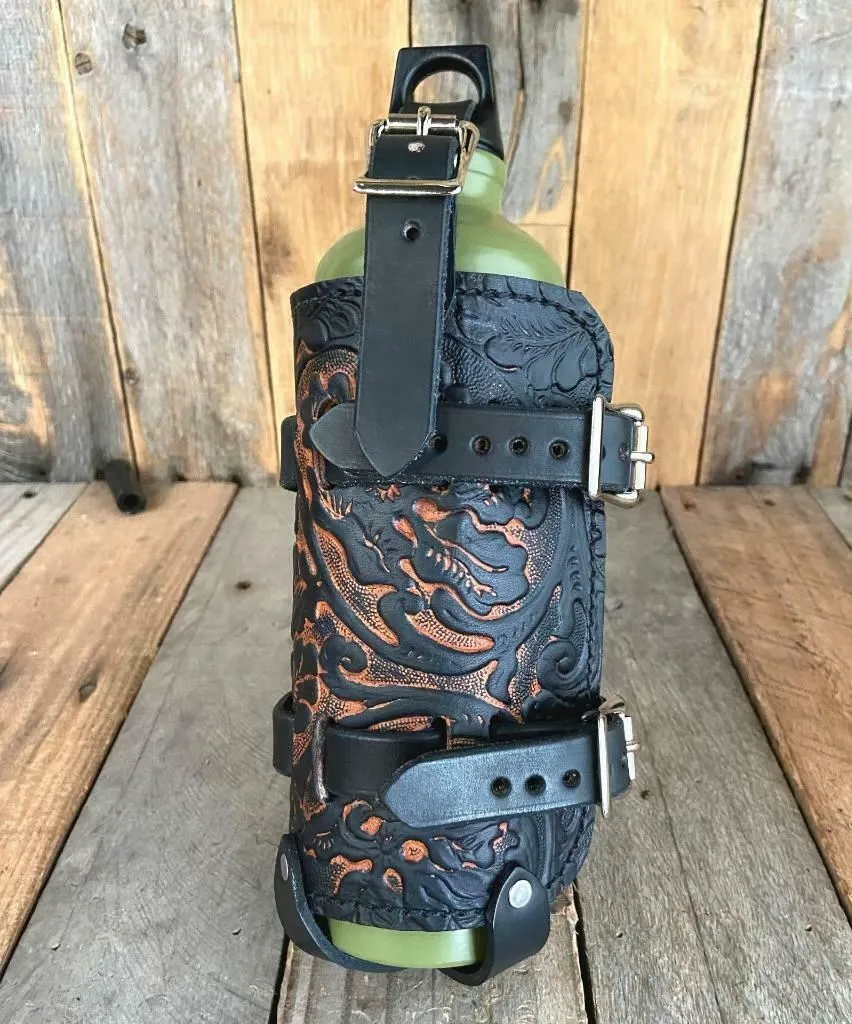 Fuel Bottle With Holder Antique Brown Oak leaf Leather Chopper Bobber Universal