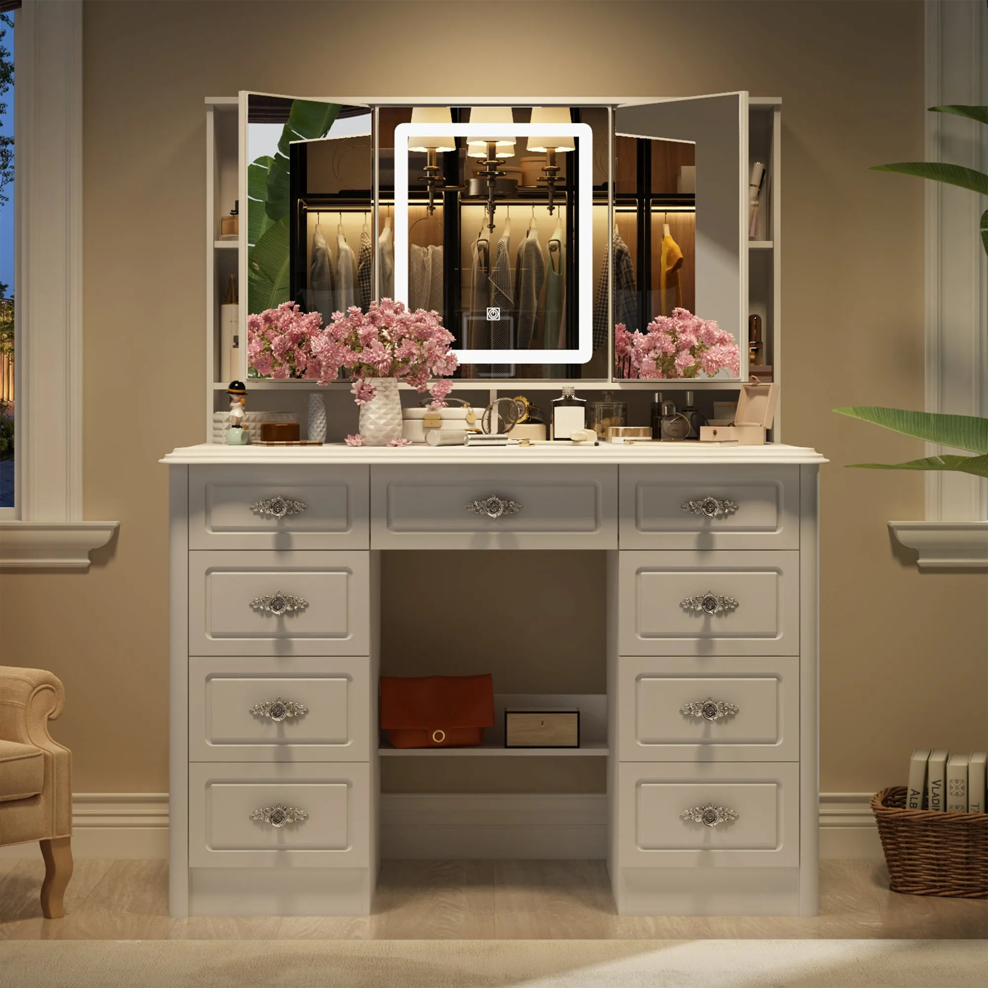 Home Makeup Dressing Table with Drawers & Lamp