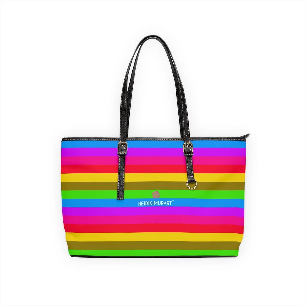 Horizontal Rainbow Striped Tote Bag, 17"x11"/ 16"x10" Designer Striped PU Leather Shoulder Hand Bag