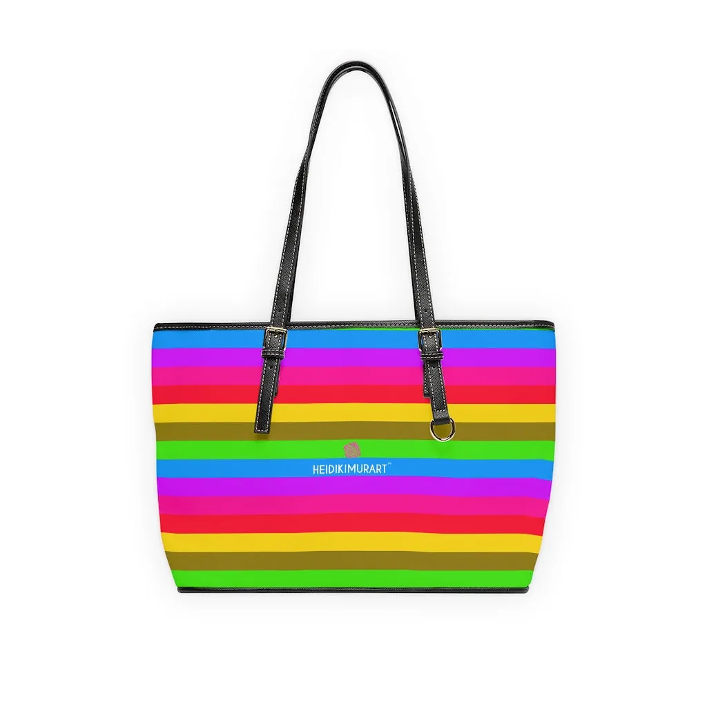 Horizontal Rainbow Striped Tote Bag, 17"x11"/ 16"x10" Designer Striped PU Leather Shoulder Hand Bag