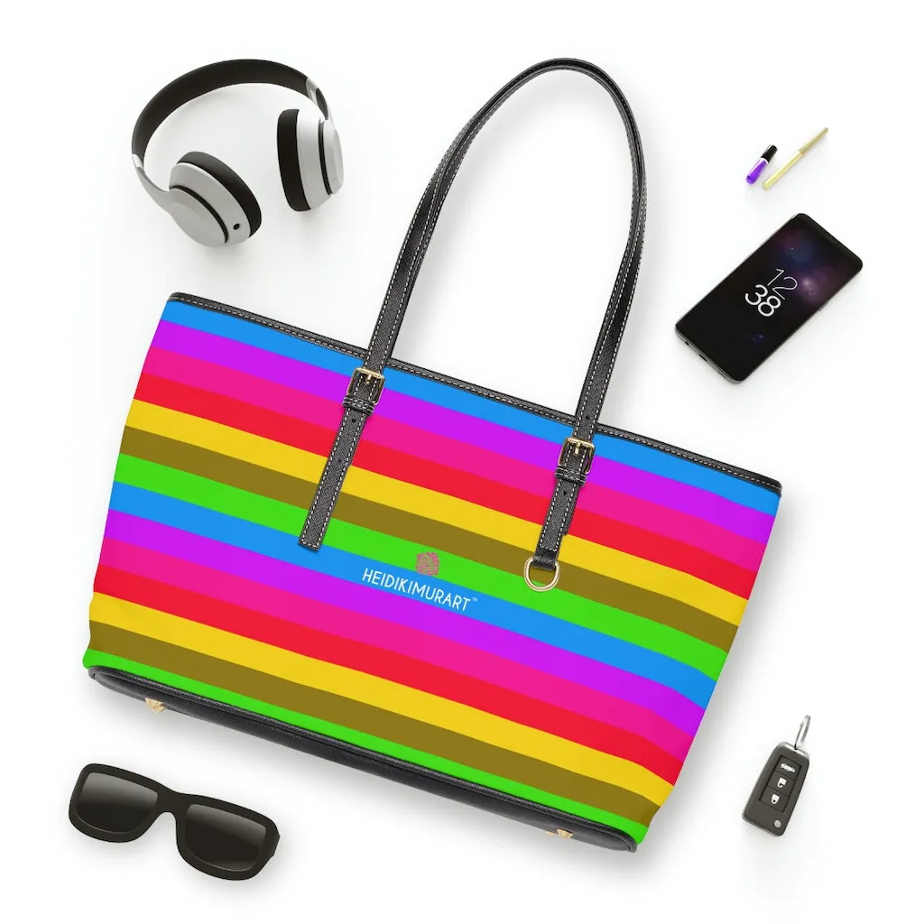 Horizontal Rainbow Striped Tote Bag, 17"x11"/ 16"x10" Designer Striped PU Leather Shoulder Hand Bag