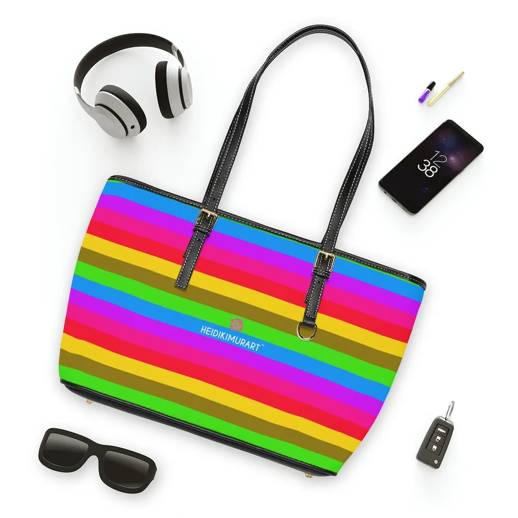 Horizontal Rainbow Striped Tote Bag, 17"x11"/ 16"x10" Designer Striped PU Leather Shoulder Hand Bag