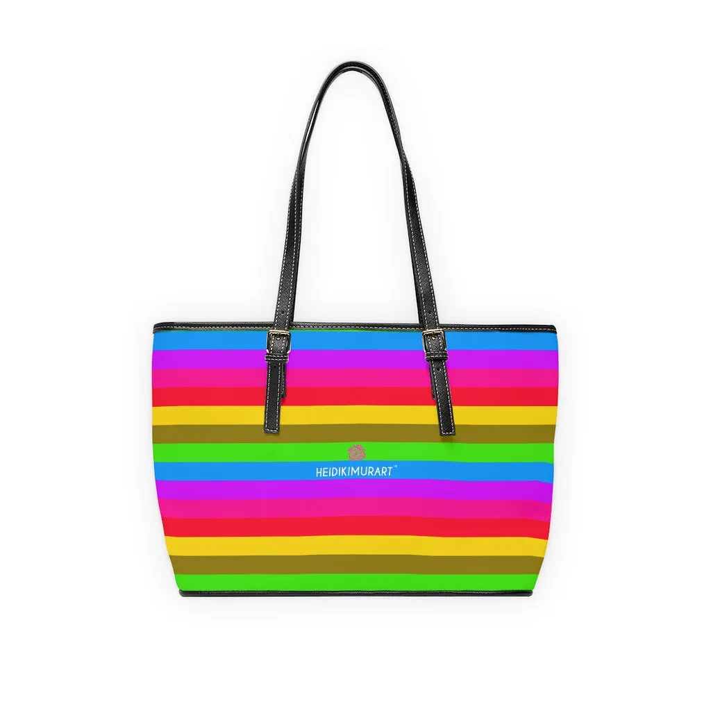 Horizontal Rainbow Striped Tote Bag, 17"x11"/ 16"x10" Designer Striped PU Leather Shoulder Hand Bag