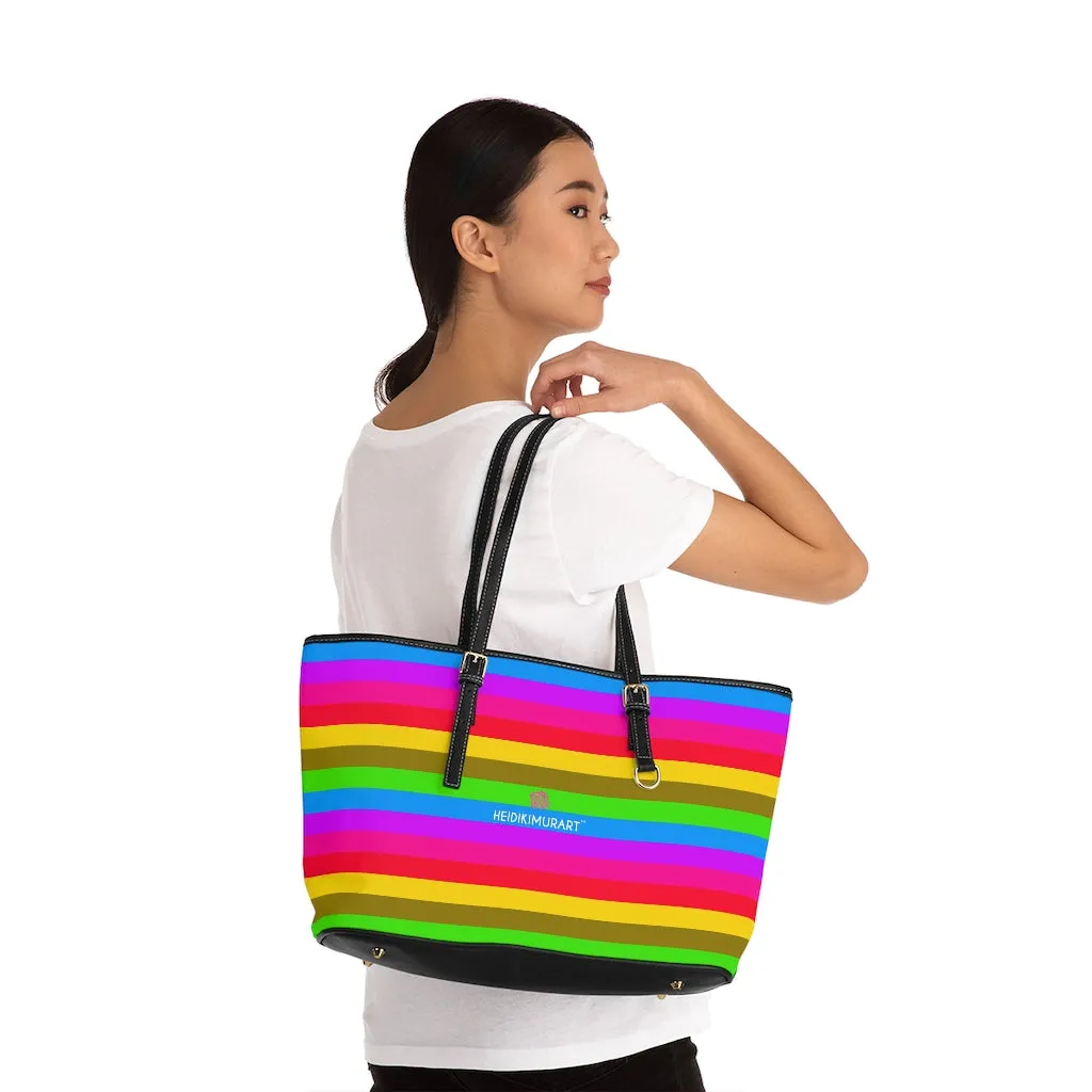 Horizontal Rainbow Striped Tote Bag, 17"x11"/ 16"x10" Designer Striped PU Leather Shoulder Hand Bag