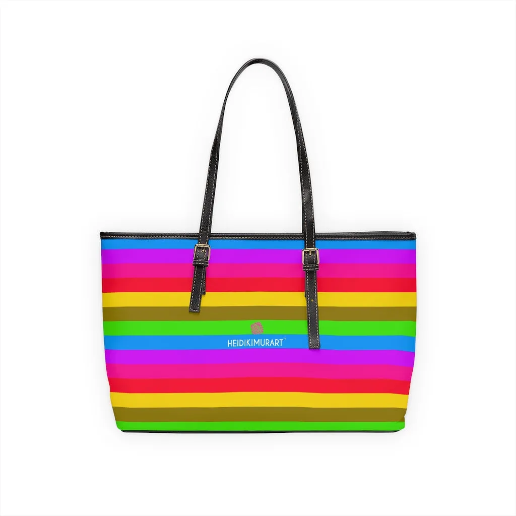 Horizontal Rainbow Striped Tote Bag, 17"x11"/ 16"x10" Designer Striped PU Leather Shoulder Hand Bag
