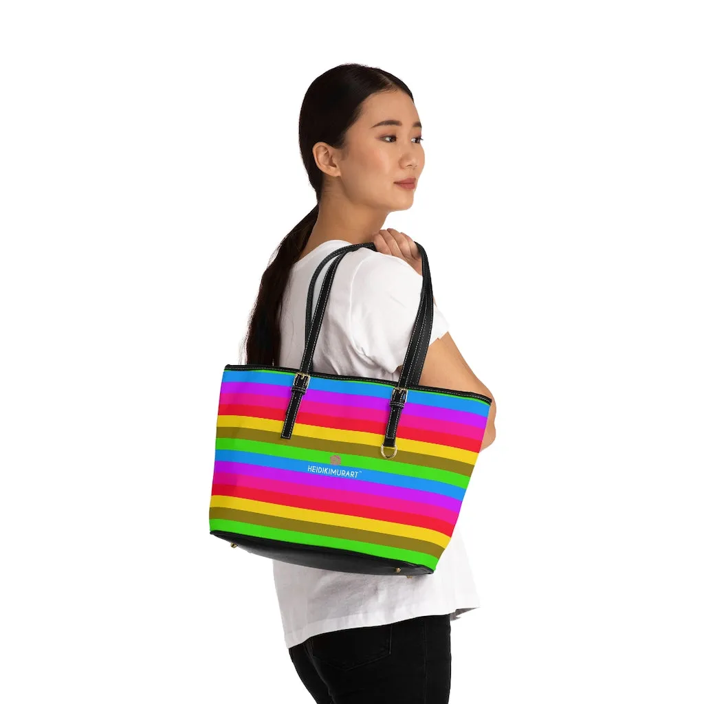 Horizontal Rainbow Striped Tote Bag, 17"x11"/ 16"x10" Designer Striped PU Leather Shoulder Hand Bag