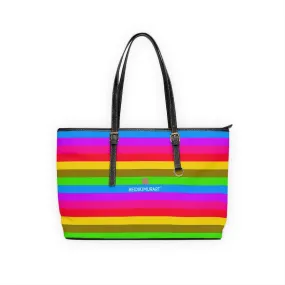 Horizontal Rainbow Striped Tote Bag, 17"x11"/ 16"x10" Designer Striped PU Leather Shoulder Hand Bag
