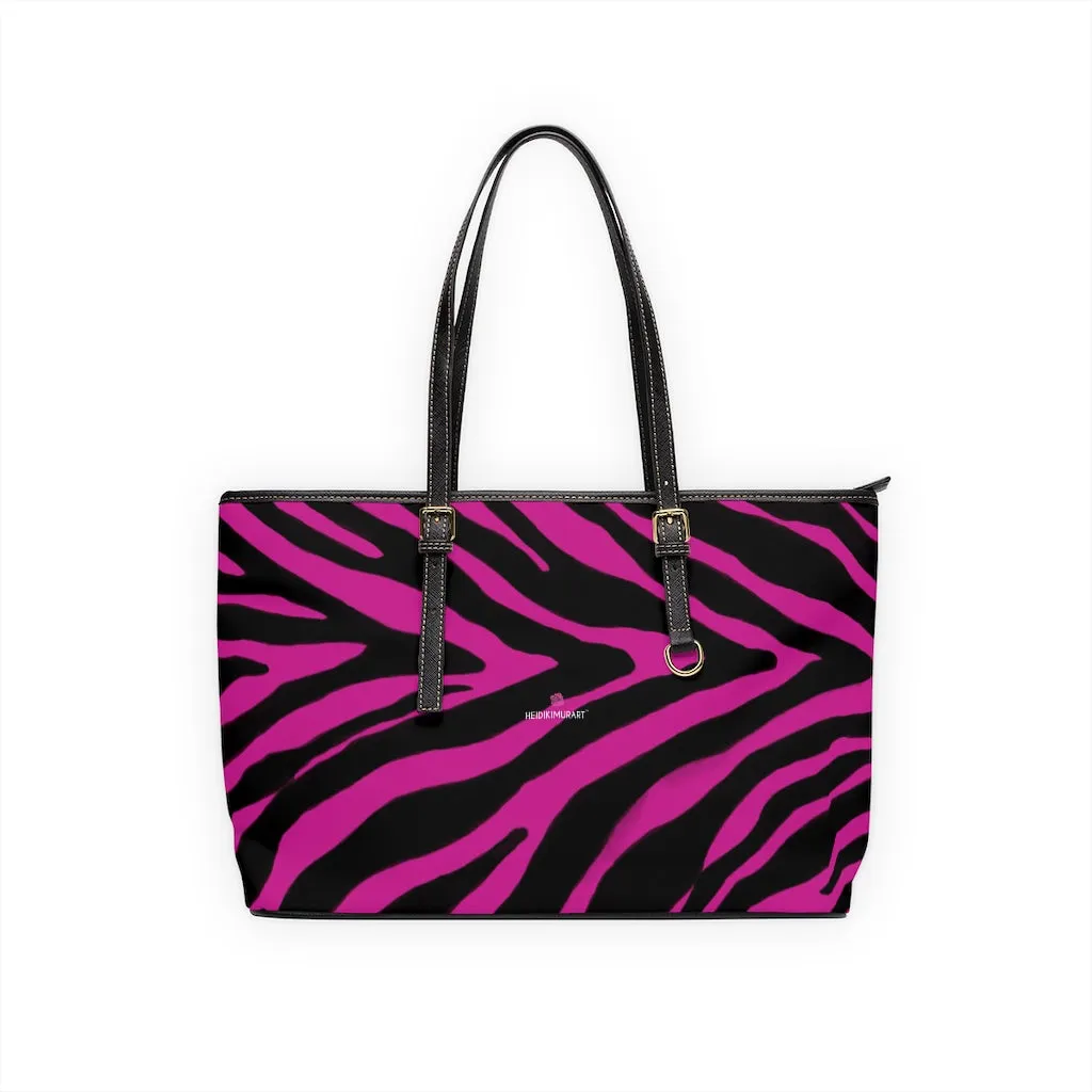 Hot Pink Zebra Tote Bag, Animal Print PU Leather Shoulder Hand Work Bag 17"x11"/ 16"x10" For Ladies