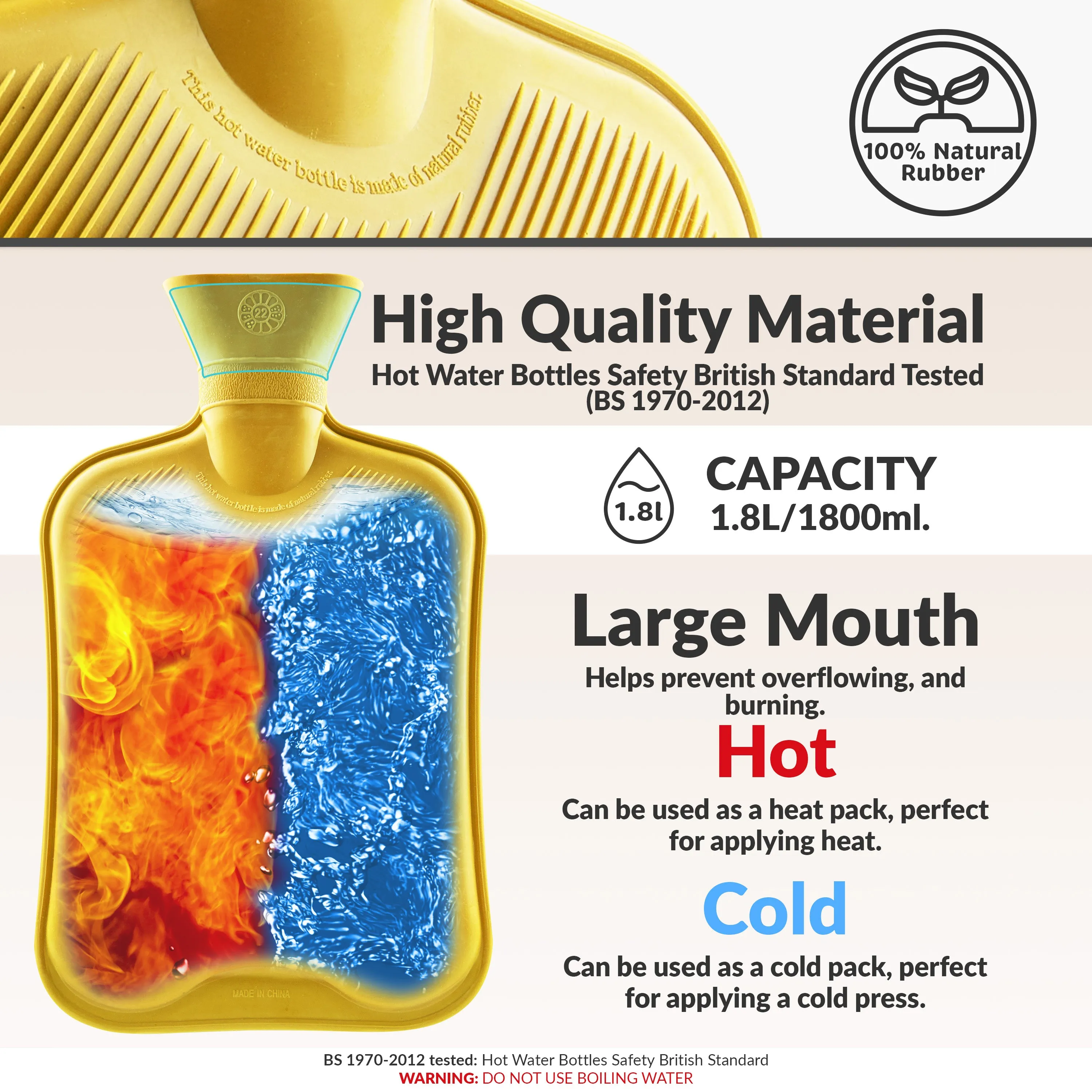 Hot Water Bottle Large 1.8L Rubber Hot Water Bottle - Yellow