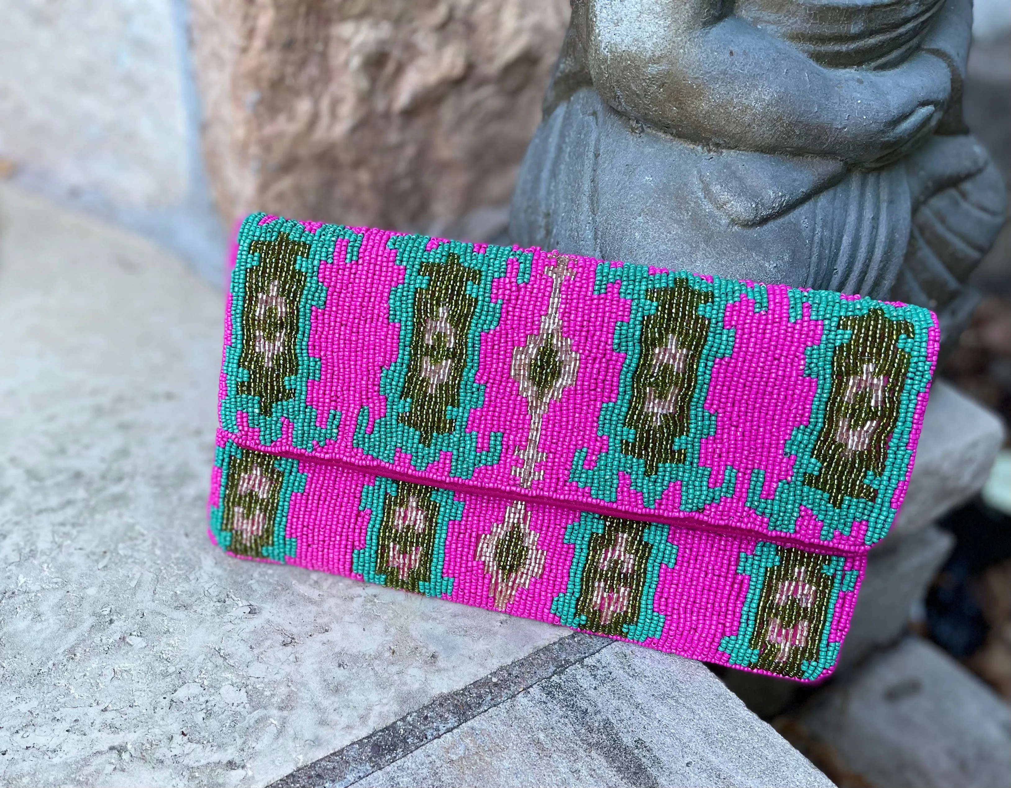 Ikat Pattern Handmade Beaded Clutch