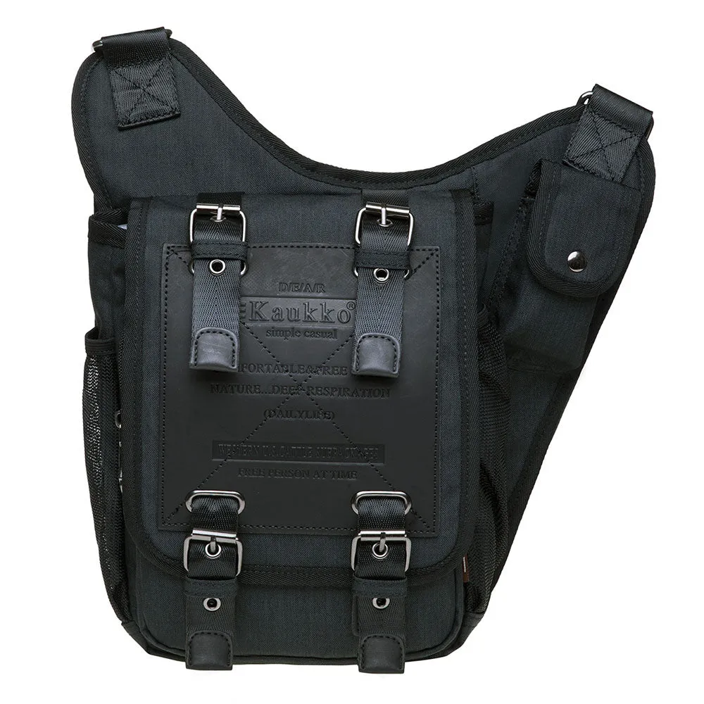 KAUKKO Mens Vintage Canvas Shoulder Messenger Bag Chest Leather Patchwork Messenger Bag FH03-2 ( Black )