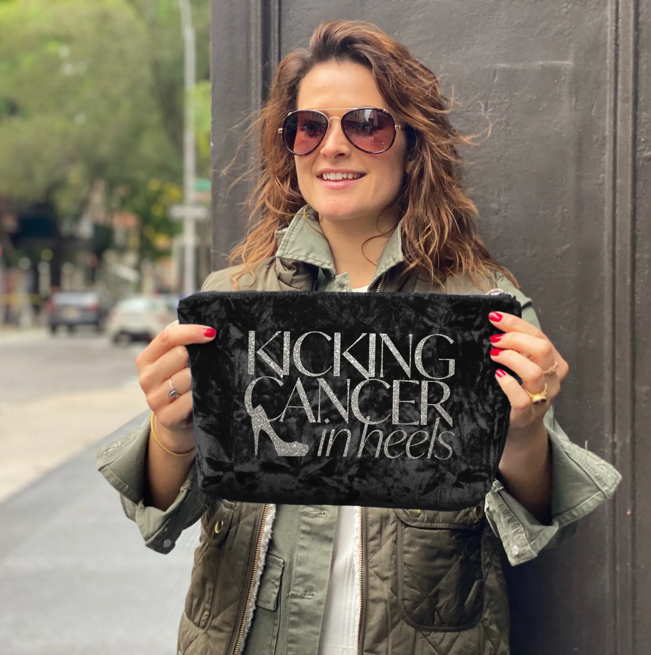 Kicking Cancer in Heels Clutch Bag- Silver Glitter on Black Crushed Velvet