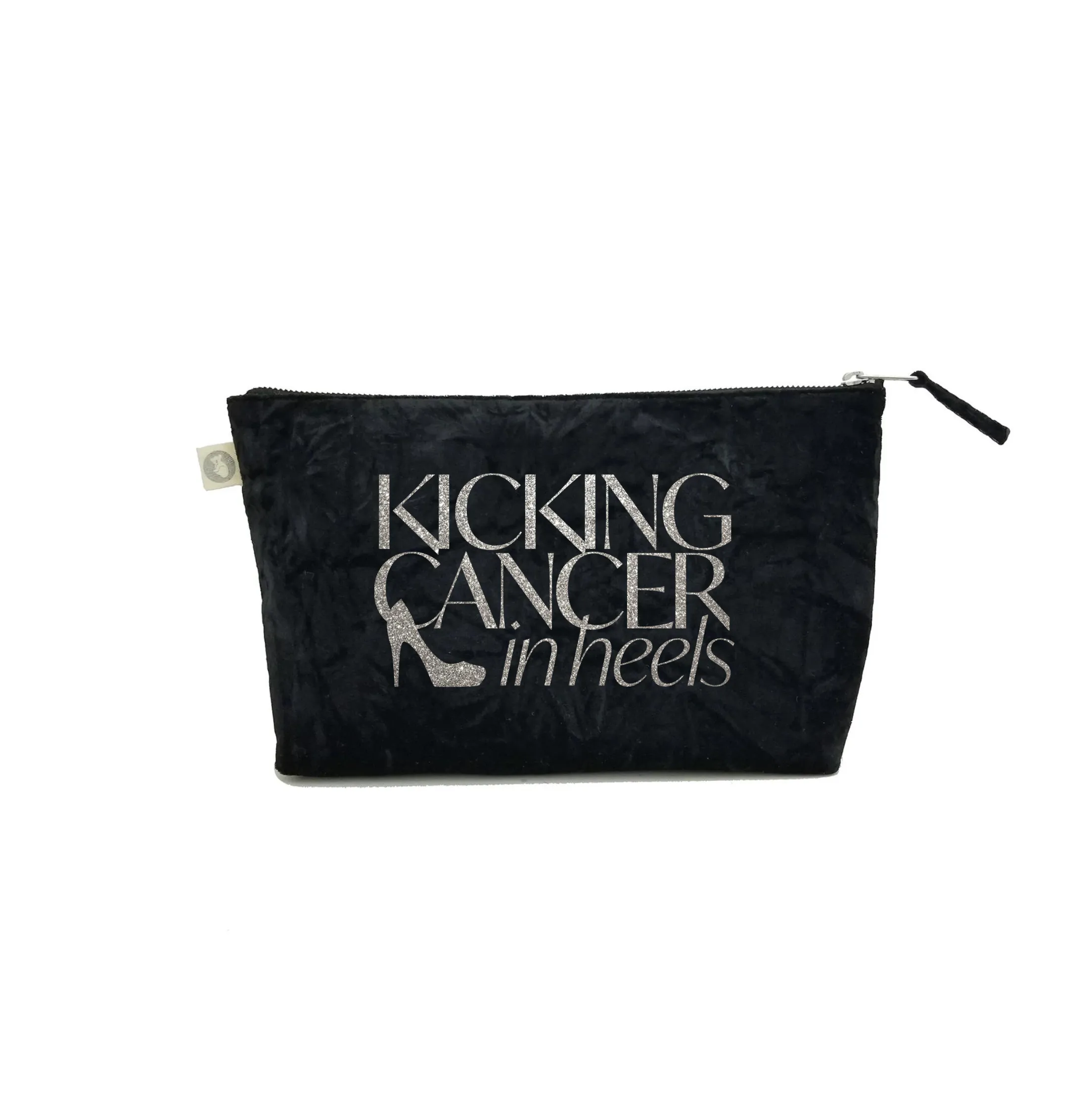 Kicking Cancer in Heels Clutch Bag- Silver Glitter on Black Crushed Velvet