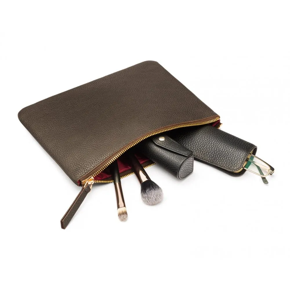 Large Leather Makeup Bag - Brown