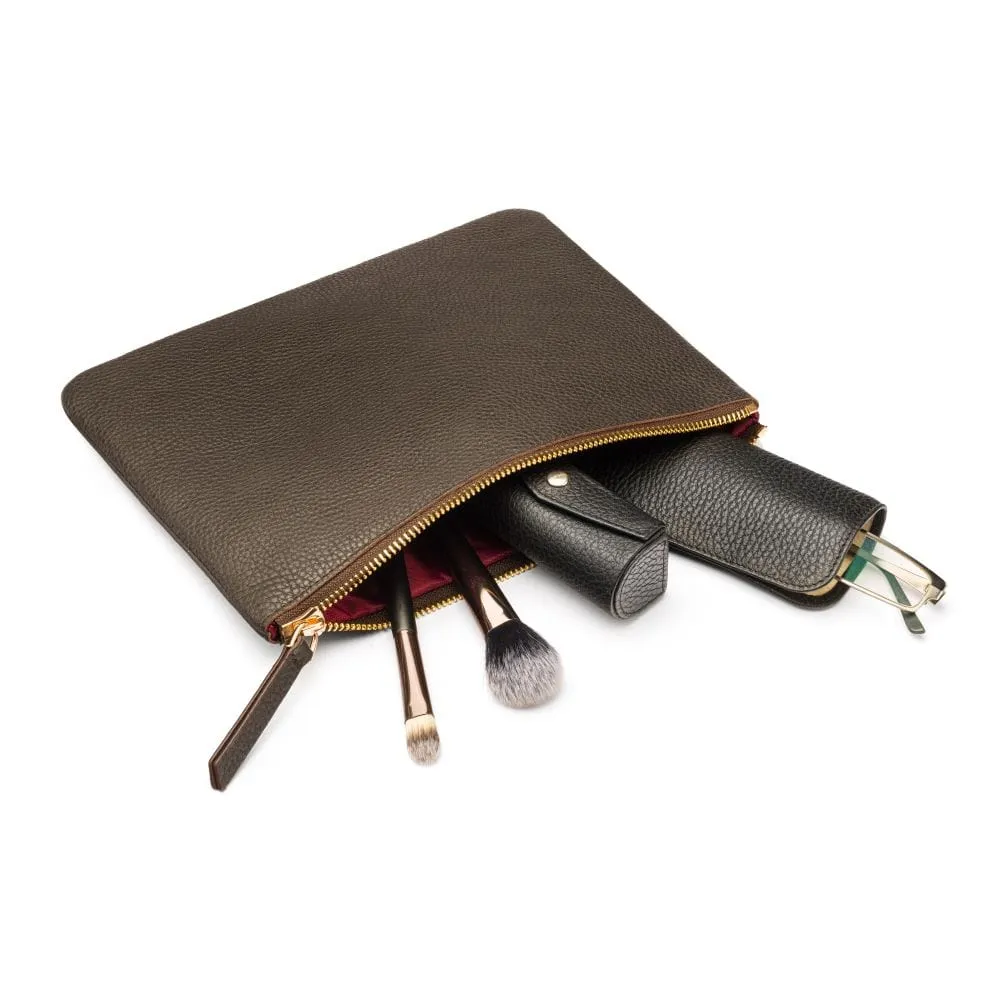 Large Leather Makeup Bag - Brown