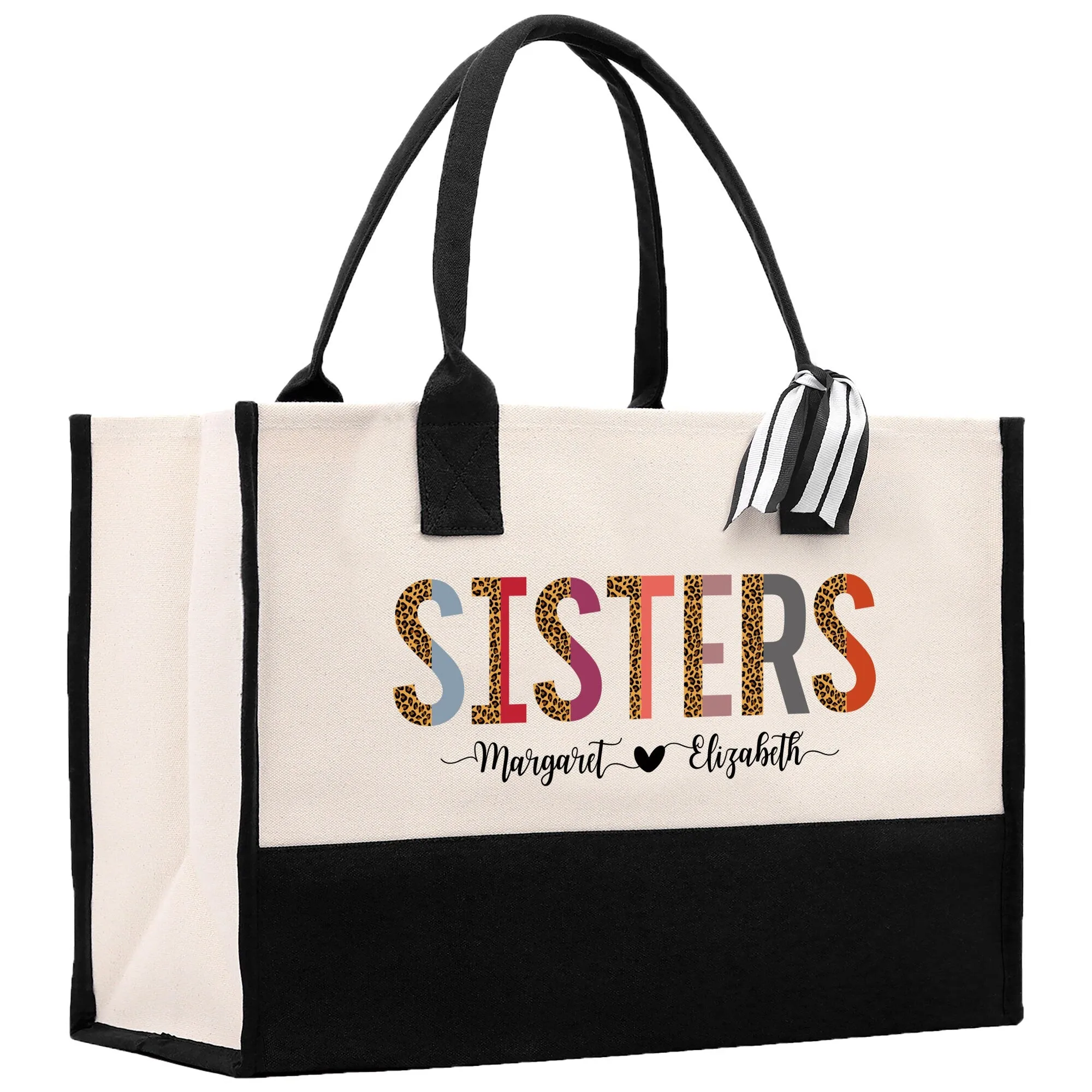 Leopard Colorful Sisters Custom Names Cotton Canvas Tote Bag Birthday Gift For Sister Bag with Frosted Can Glass Set Option