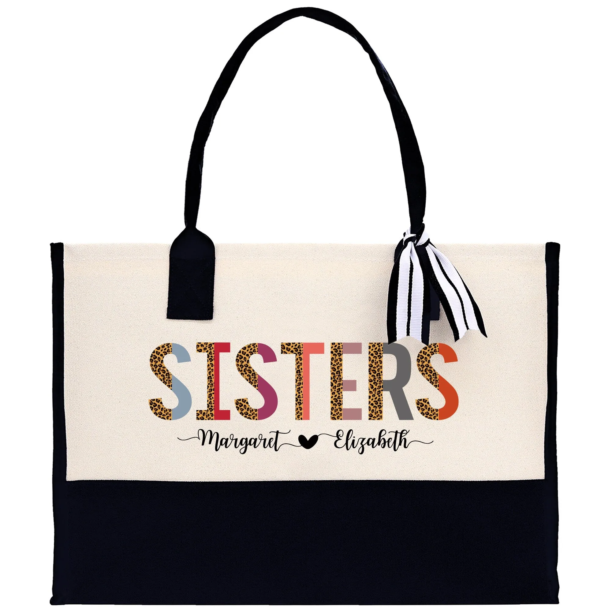 Leopard Colorful Sisters Custom Names Cotton Canvas Tote Bag Birthday Gift For Sister Bag with Frosted Can Glass Set Option