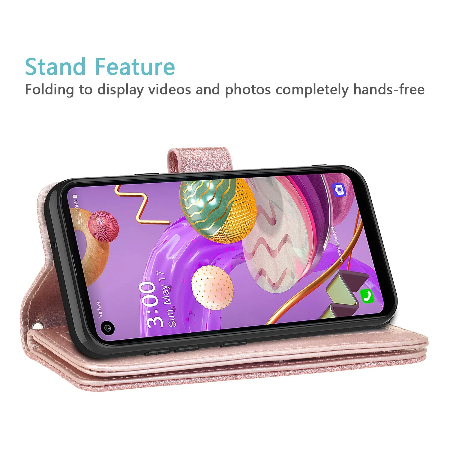 LG Aristo 5 Plus Case, Glitter Faux Leather Flip Credit Card Holder Wrist Strap Shockproof Protective Wallet Case Clutch for Aristo 5 Plus - Rose Gold