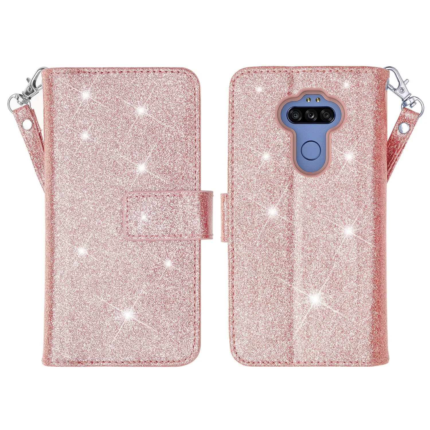 LG Aristo 5 Plus Case, Glitter Faux Leather Flip Credit Card Holder Wrist Strap Shockproof Protective Wallet Case Clutch for Aristo 5 Plus - Rose Gold