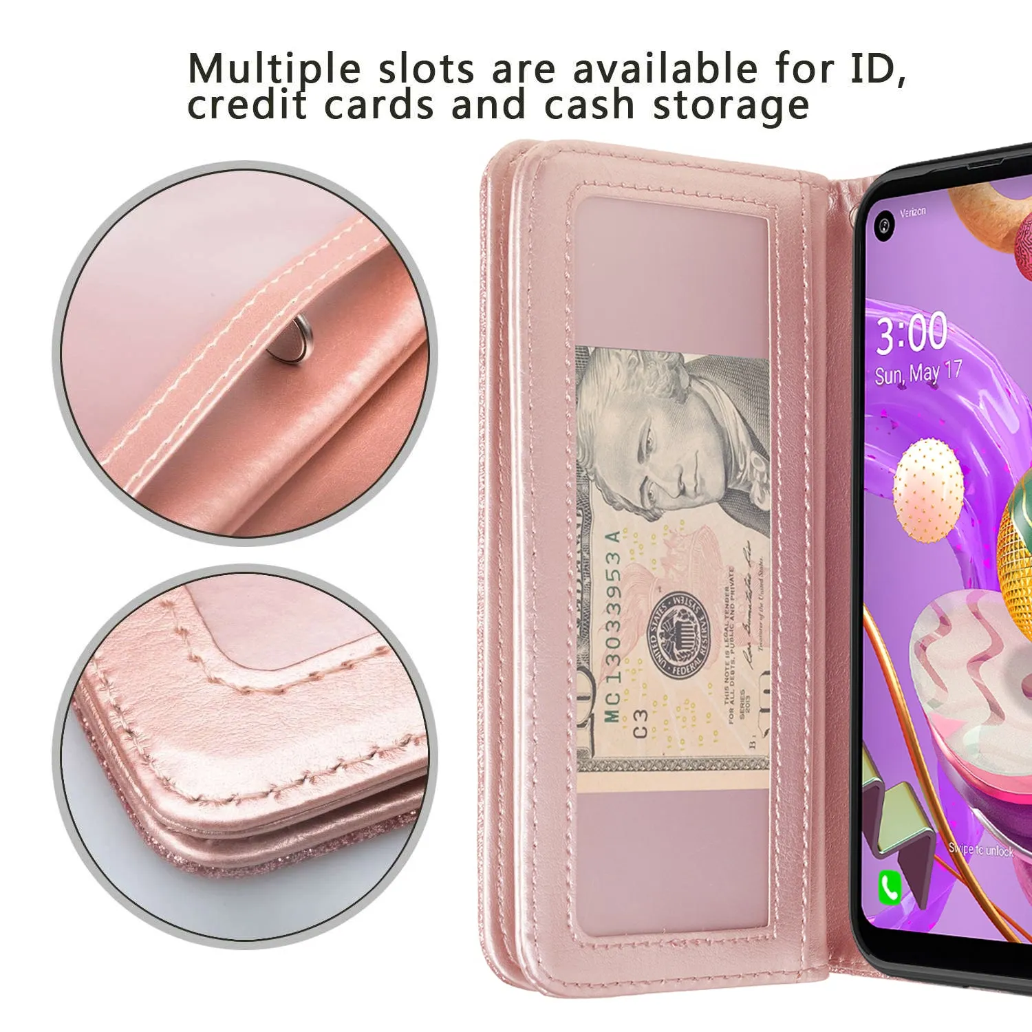 LG Aristo 5 Plus Case, Glitter Faux Leather Flip Credit Card Holder Wrist Strap Shockproof Protective Wallet Case Clutch for Aristo 5 Plus - Rose Gold