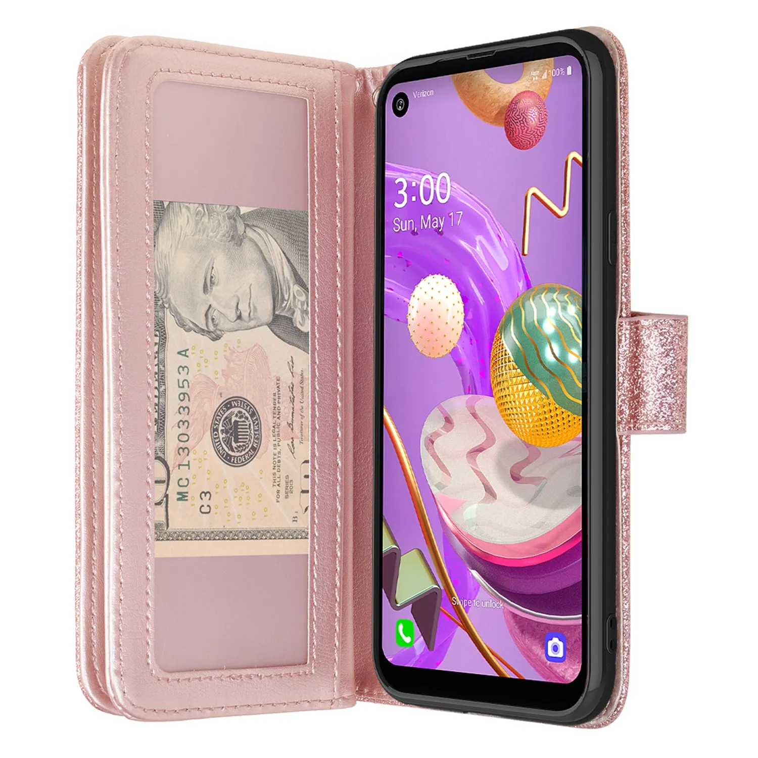 LG Aristo 5 Plus Case, Glitter Faux Leather Flip Credit Card Holder Wrist Strap Shockproof Protective Wallet Case Clutch for Aristo 5 Plus - Rose Gold