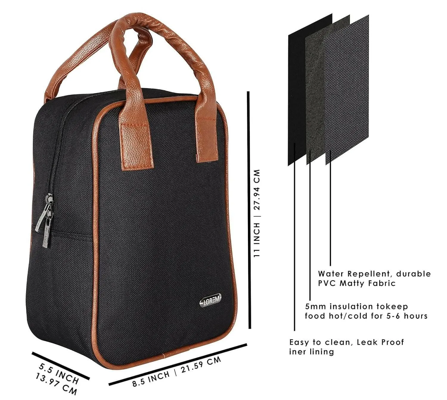 LOREM Black PVC Coated Matty Insulated Tiffin Bag/Lunch Bag for Men & Women (TB05-A)
