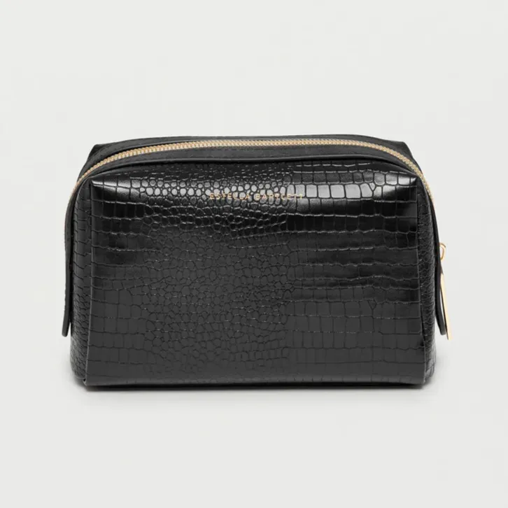 Makeup Bag Black Crocodile Vegan Leather Gold 'Bon Voyage'