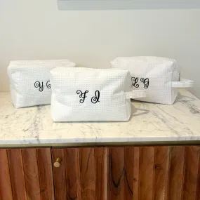 Monogram Curly Font Quilted Cosmetic Bag | Embroidered Makeup Case & Bridal Gift