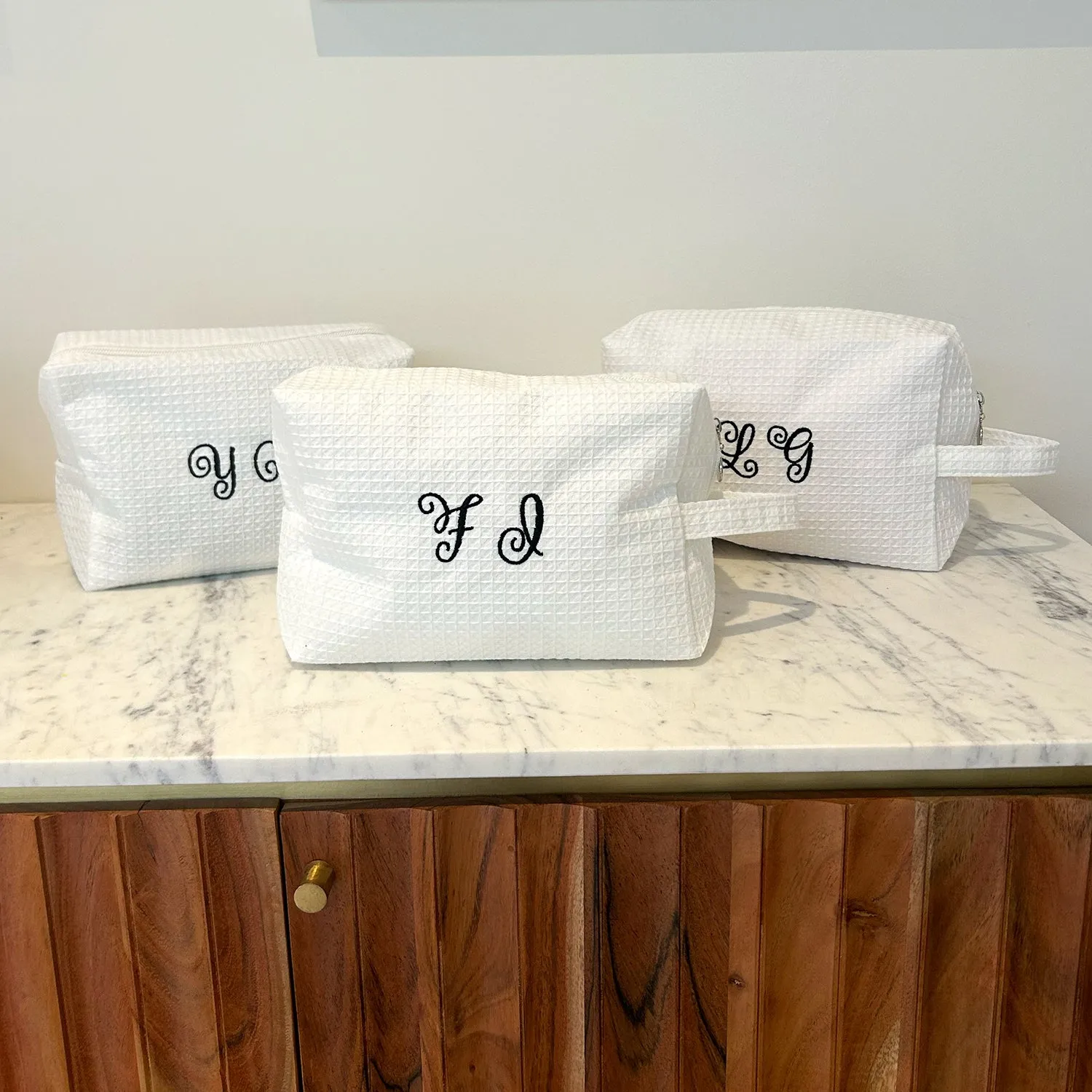 Monogram Curly Font Quilted Cosmetic Bag | Embroidered Makeup Case & Bridal Gift