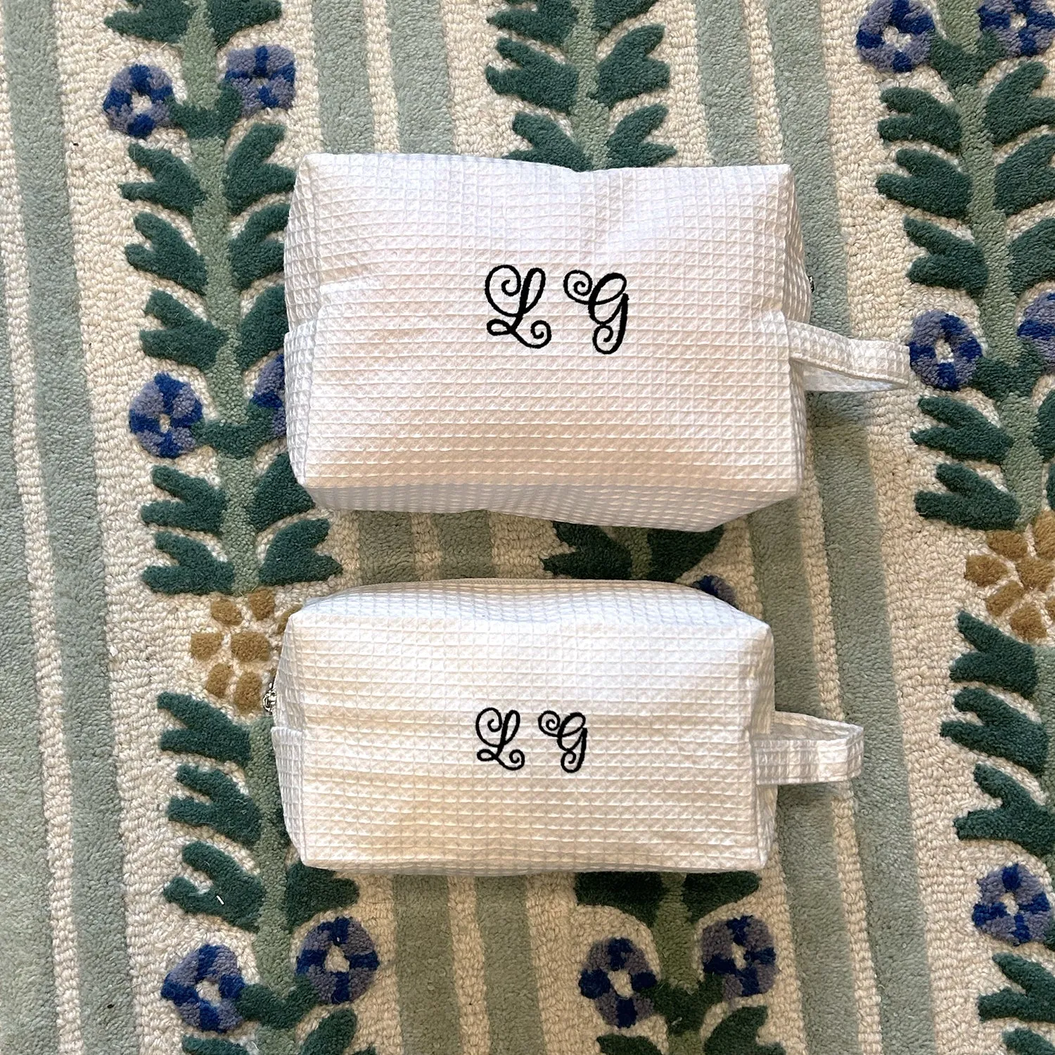 Monogram Curly Font Quilted Cosmetic Bag | Embroidered Makeup Case & Bridal Gift
