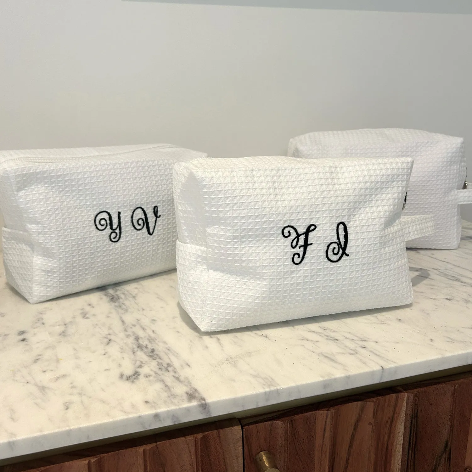 Monogram Curly Font Quilted Cosmetic Bag | Embroidered Makeup Case & Bridal Gift