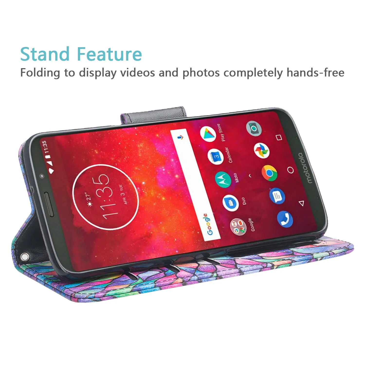 Motorola Moto Z3 Play Case, Moto Z3 Play Wallet Case, Wrist Strap Pu Leather Wallet Case [Kickstand] with ID & Credit Card Slots - Rainbow Flower