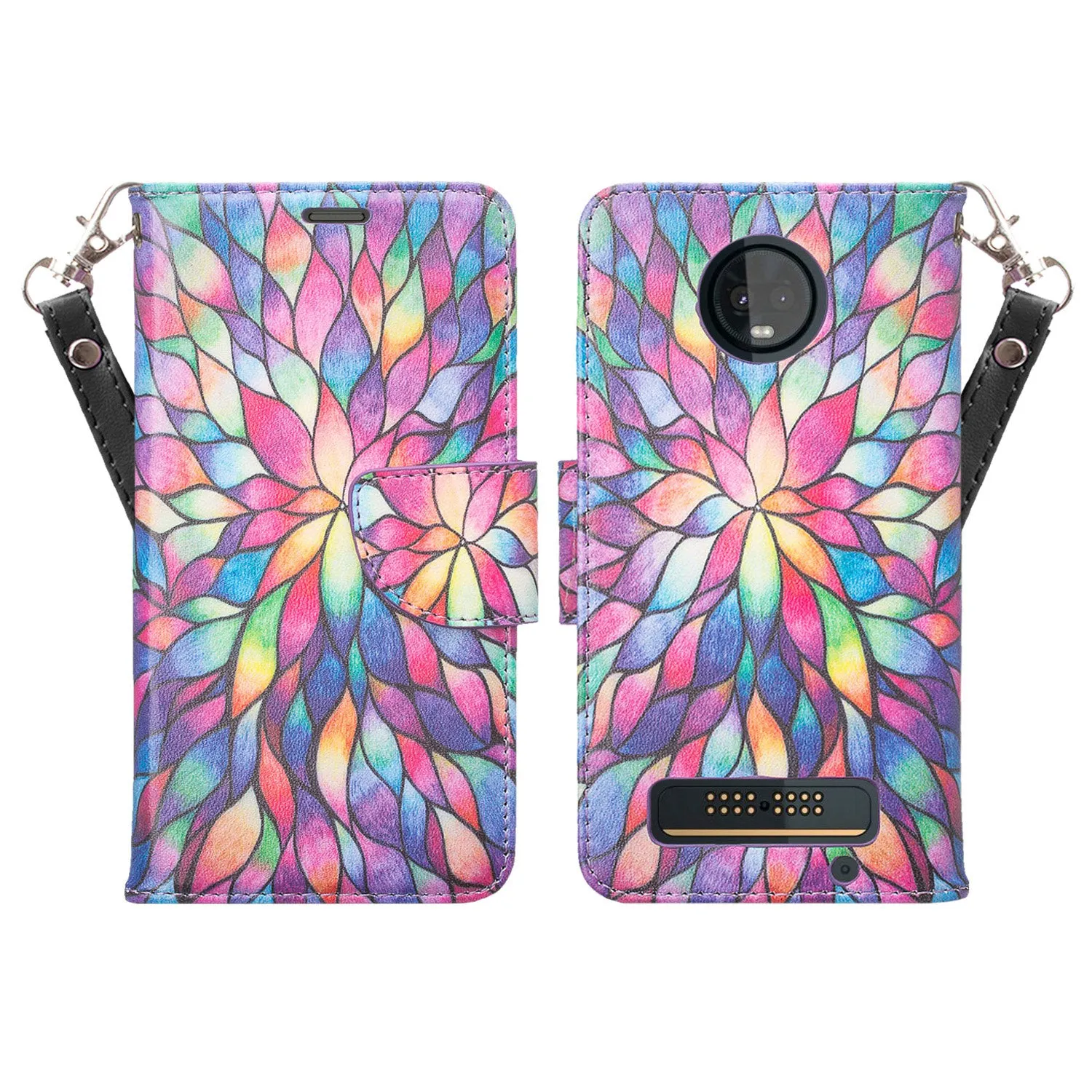 Motorola Moto Z3 Play Case, Moto Z3 Play Wallet Case, Wrist Strap Pu Leather Wallet Case [Kickstand] with ID & Credit Card Slots - Rainbow Flower