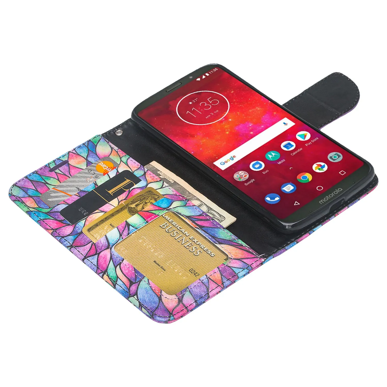 Motorola Moto Z3 Play Case, Moto Z3 Play Wallet Case, Wrist Strap Pu Leather Wallet Case [Kickstand] with ID & Credit Card Slots - Rainbow Flower