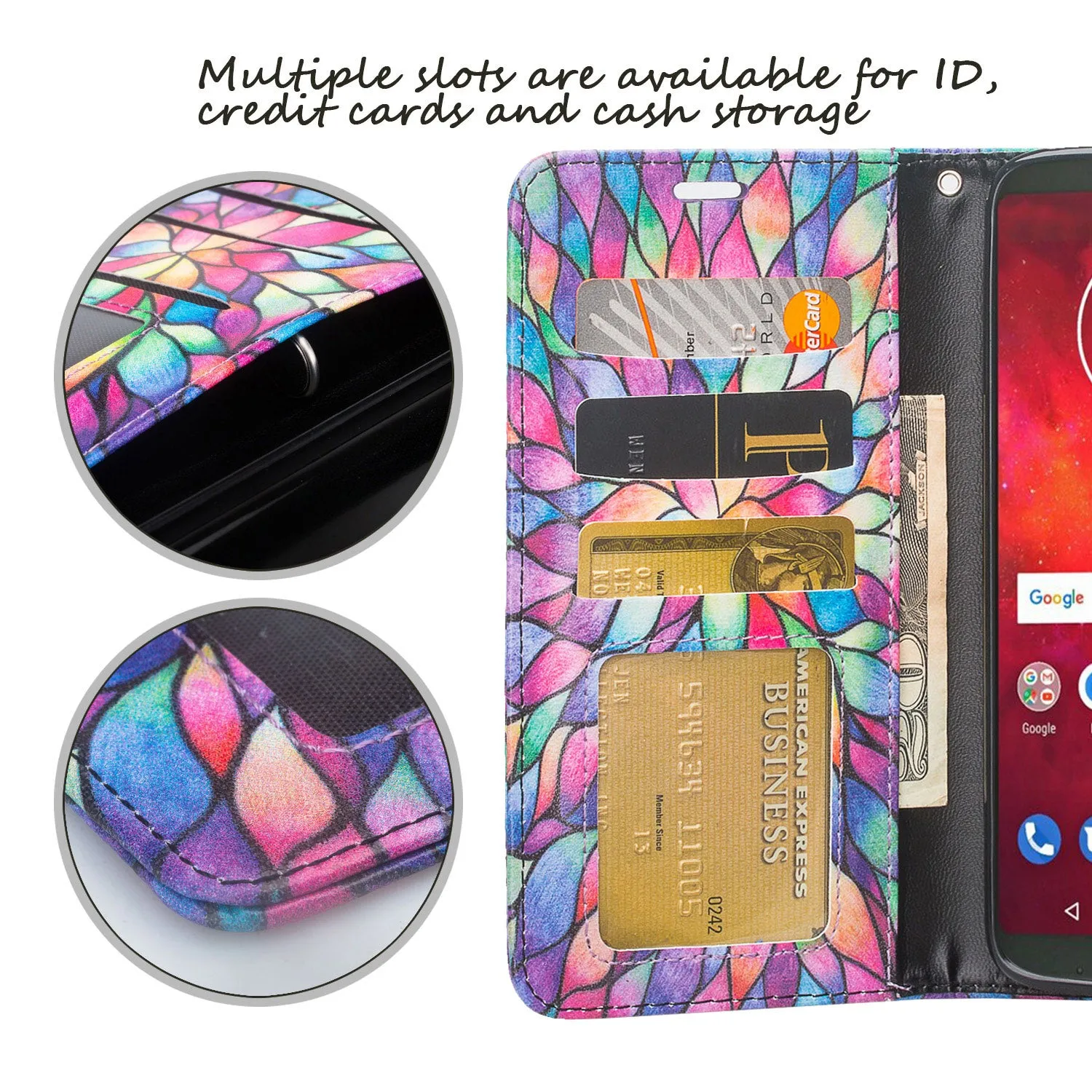 Motorola Moto Z3 Play Case, Moto Z3 Play Wallet Case, Wrist Strap Pu Leather Wallet Case [Kickstand] with ID & Credit Card Slots - Rainbow Flower