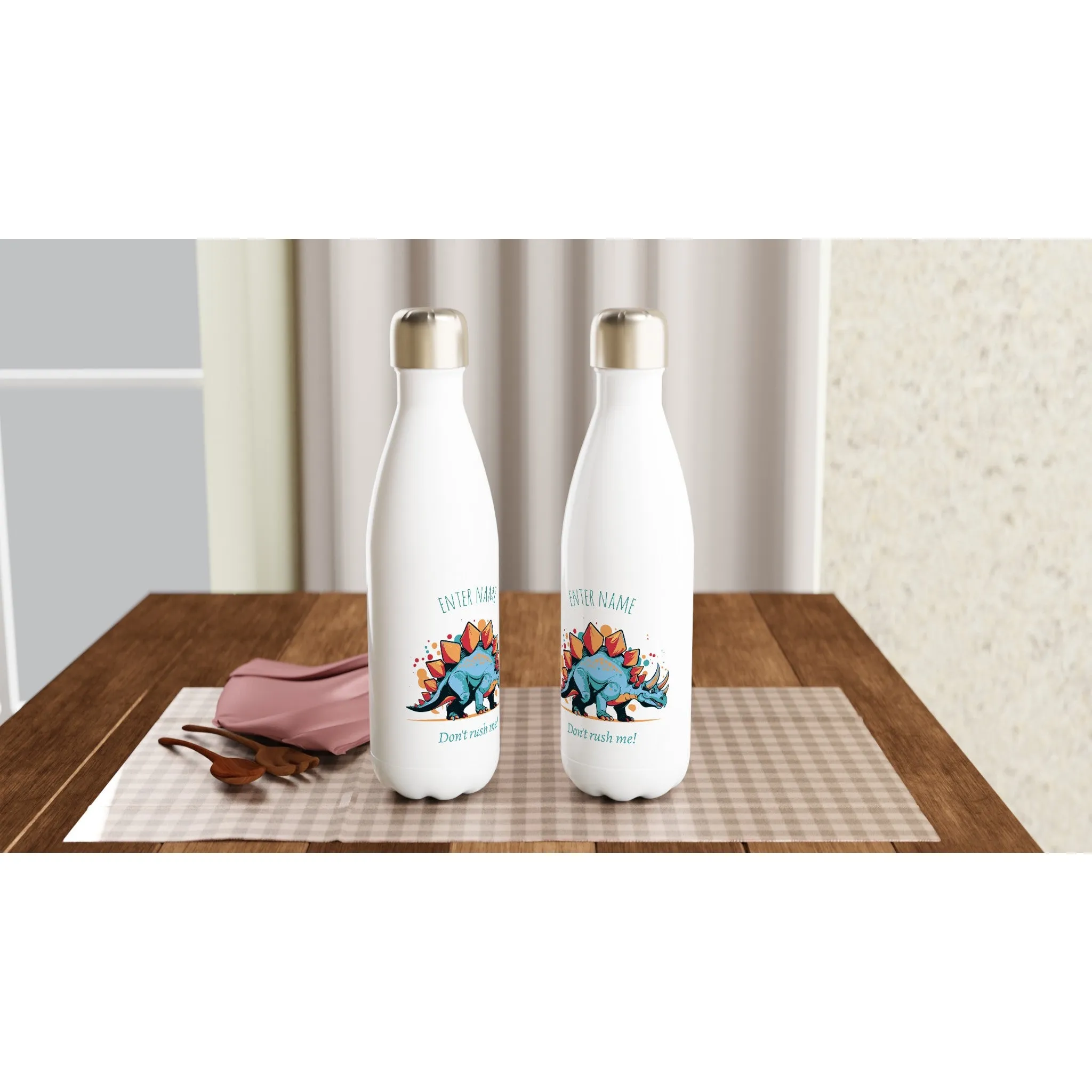 Personalisable White 17oz Stainless Steel Water Bottle - Stegosaurus Don't Rush Me