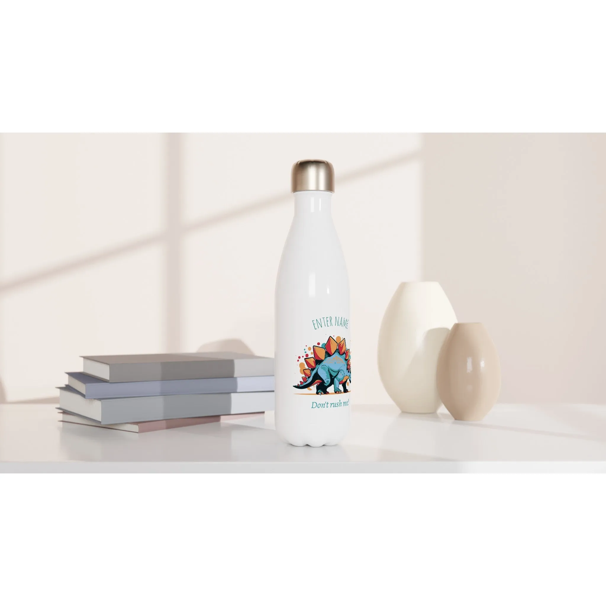 Personalisable White 17oz Stainless Steel Water Bottle - Stegosaurus Don't Rush Me