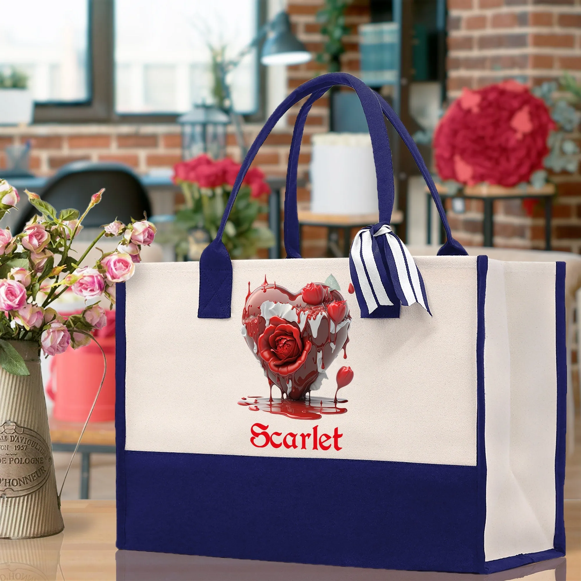 Personalized Heart Canvas Tote Bag Happy Valentines Day Gift Love Tote Bag Customize Lovers Gift Mother Day Gift Cute Valentines Gift