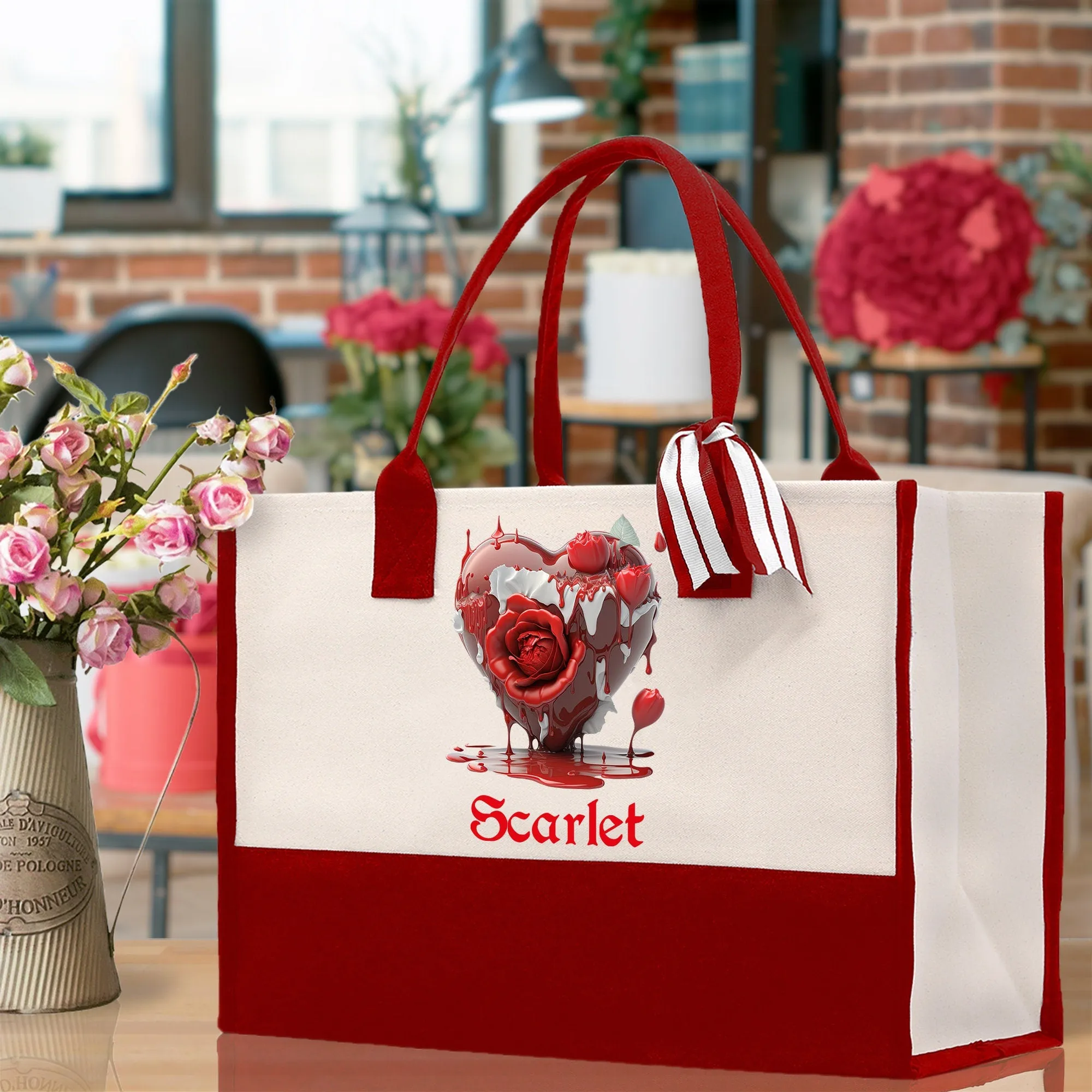 Personalized Heart Canvas Tote Bag Happy Valentines Day Gift Love Tote Bag Customize Lovers Gift Mother Day Gift Cute Valentines Gift
