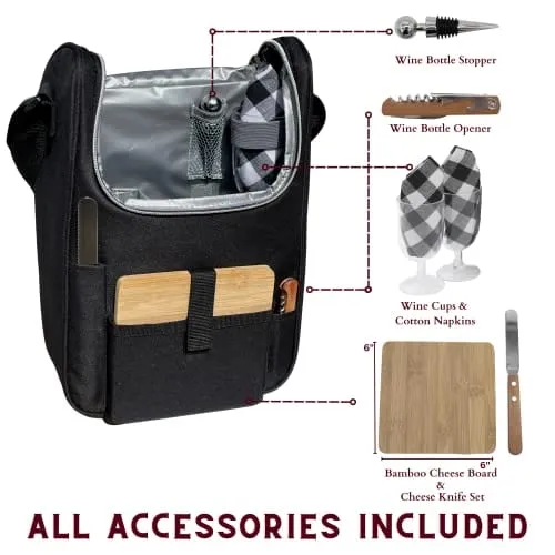Plush Picnic Premium Wine Bag, Insulated 2 Bottle Wine Carrier Tote, Wine and Cheese Cooler Bag, Great Gifts for Wine Lovers (Black)