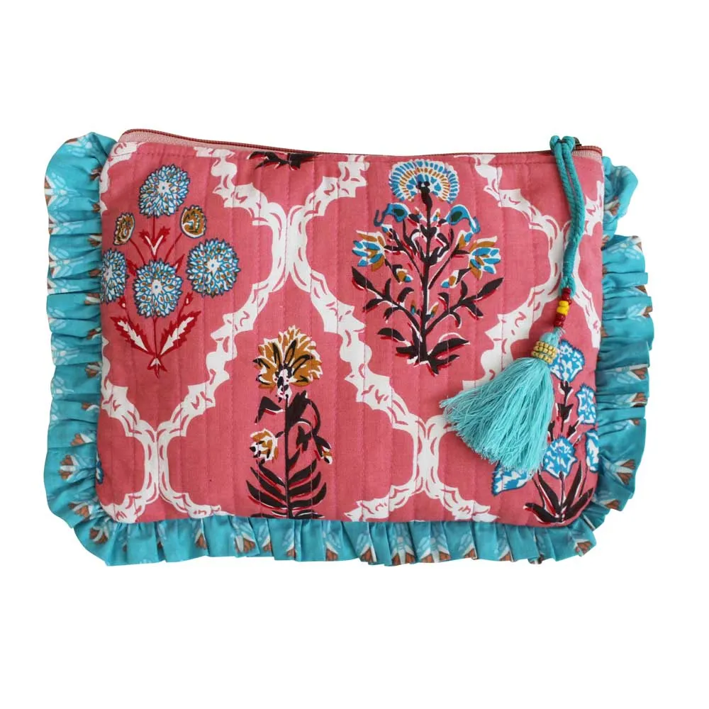 Powell Craft Pink Quilted Make Up Bag With Ruffle Trim