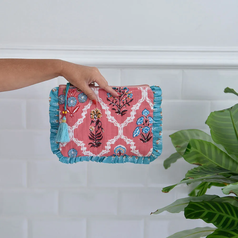 Powell Craft Pink Quilted Make Up Bag With Ruffle Trim