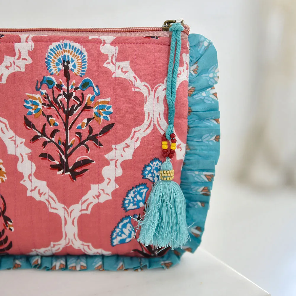 Powell Craft Pink Quilted Make Up Bag With Ruffle Trim