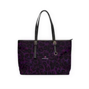 Purple Leopard Print Tote Bag, Animal Print PU Leather Shoulder Hand Work Bag 17"x11"/ 16"x10"