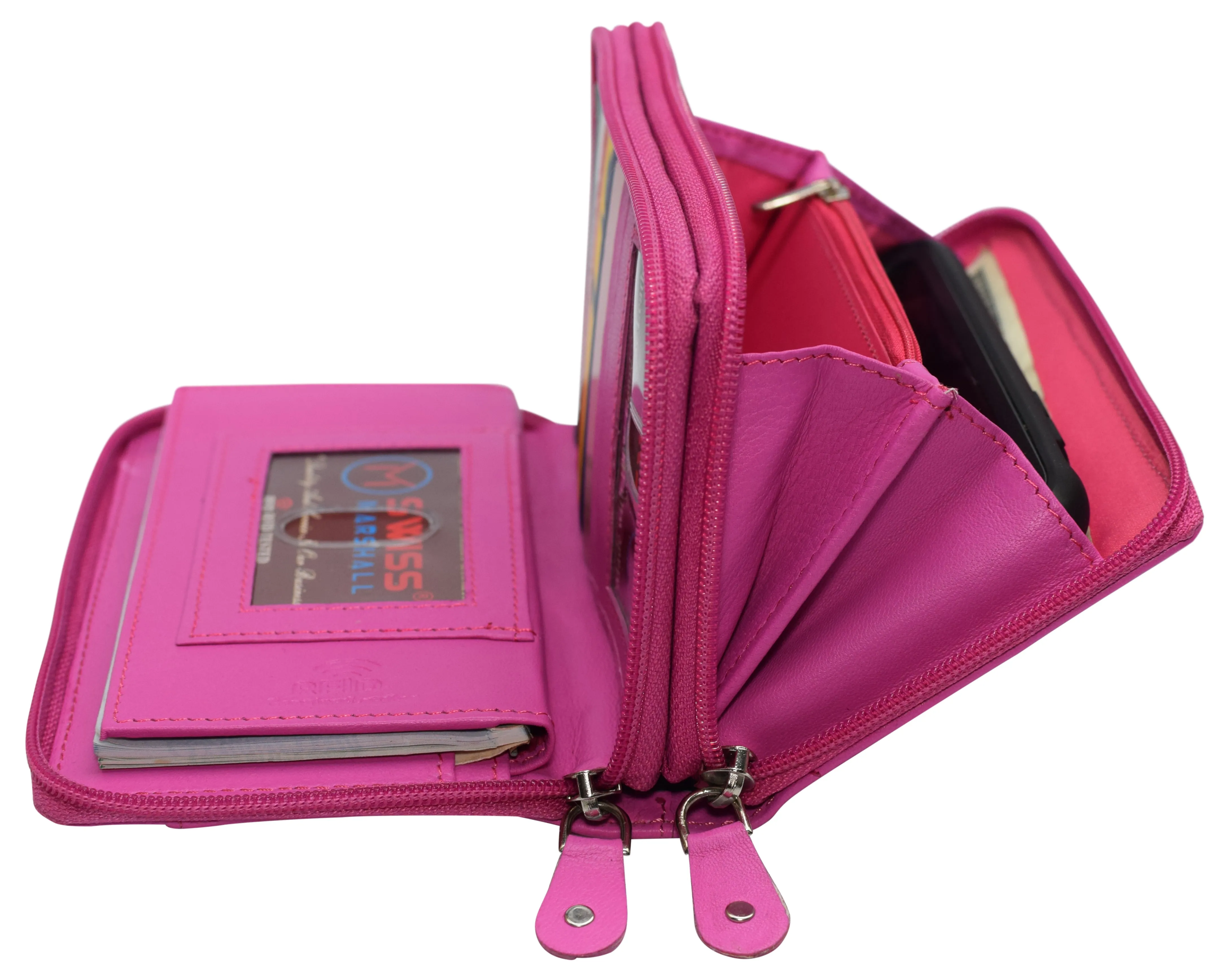 RFID Blocking Double Zipper Smartphone Genuine Leather Large Women's Wallet Hot Pink