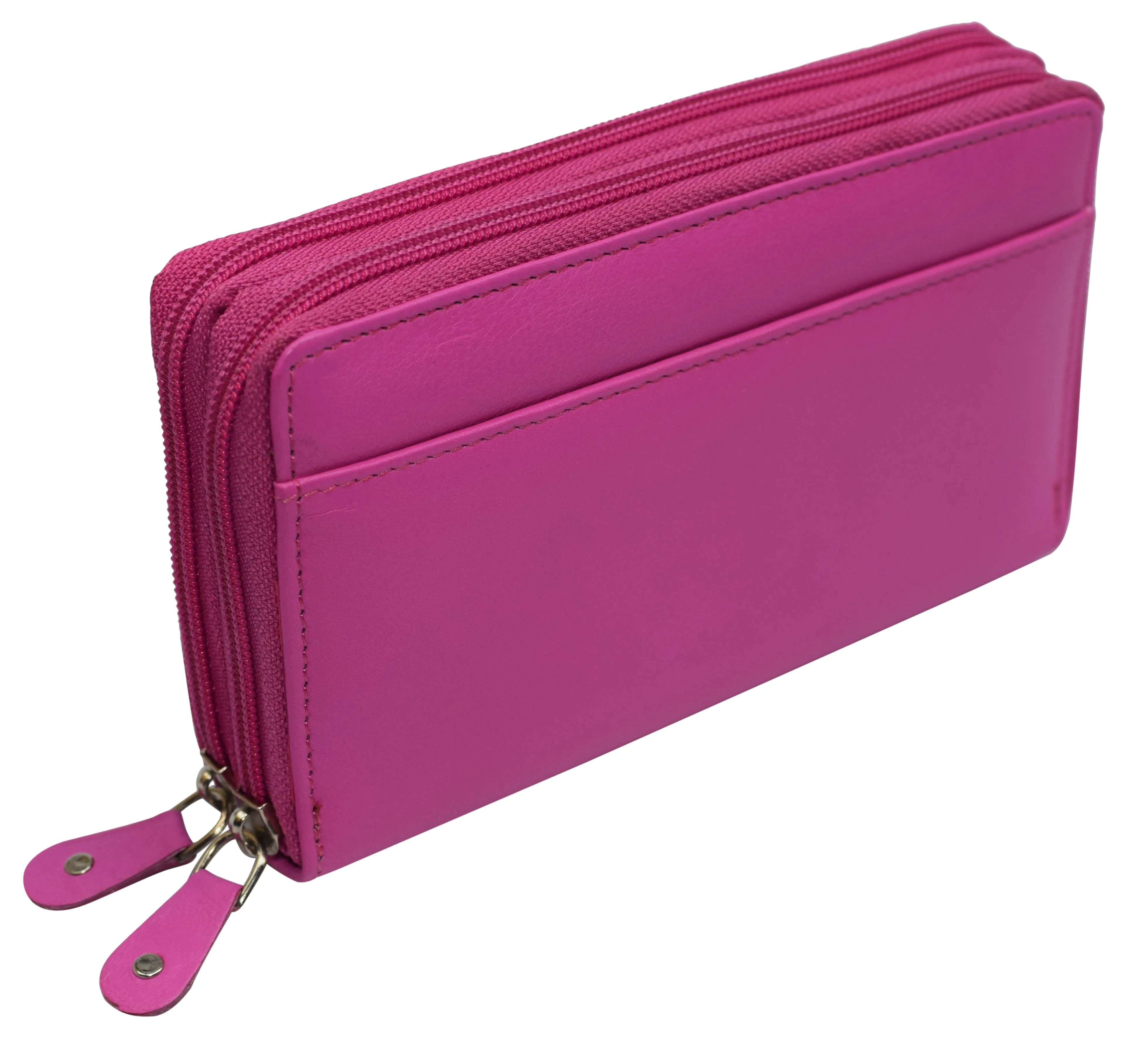 RFID Blocking Double Zipper Smartphone Genuine Leather Large Women's Wallet Hot Pink