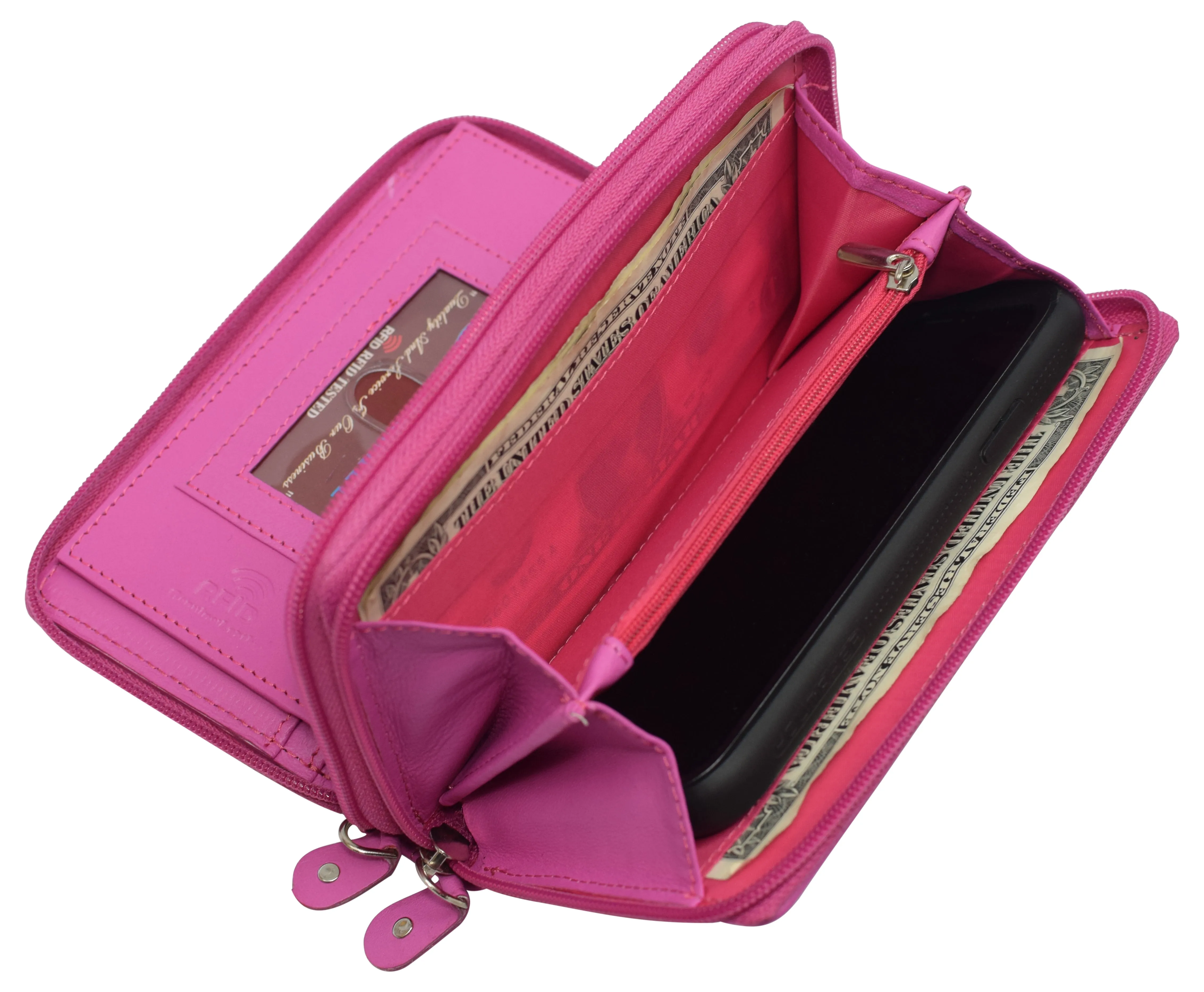 RFID Blocking Double Zipper Smartphone Genuine Leather Large Women's Wallet Hot Pink